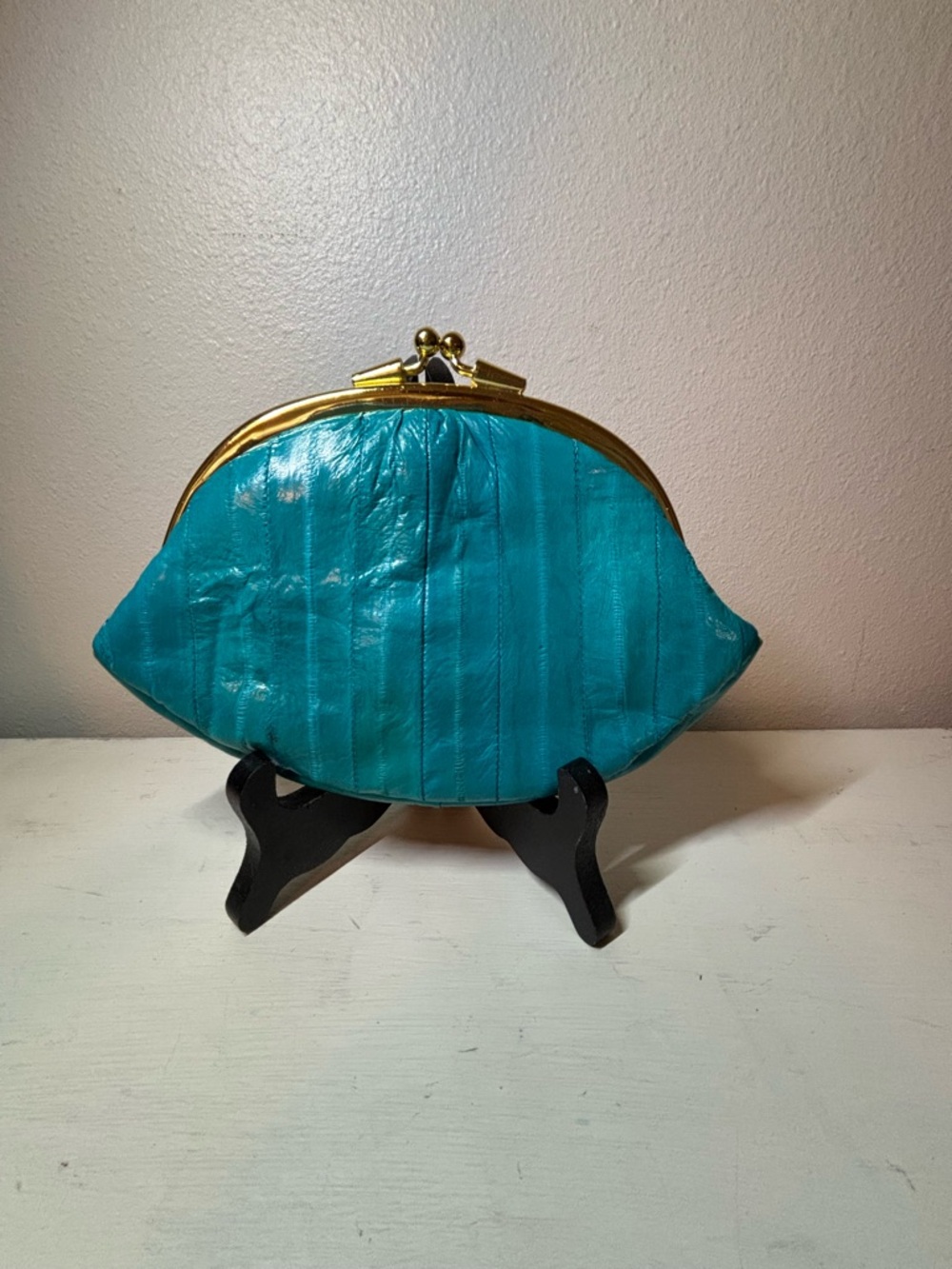 Vintage Teal Eel Skin Kiss-Lock Clutch with Gold Frame